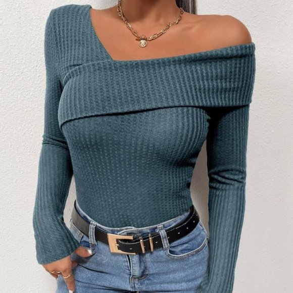 Teal Blue Asymmetrical Neck Waffle Knit Tee minimalist Bodysuit - Picture 3 of 5